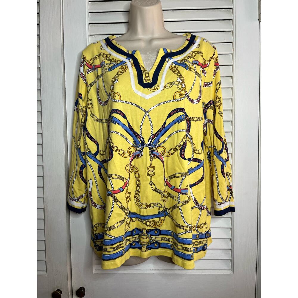 Rafaella 100% cotton‎ equestrian look knit top yellow/navy XL Classic